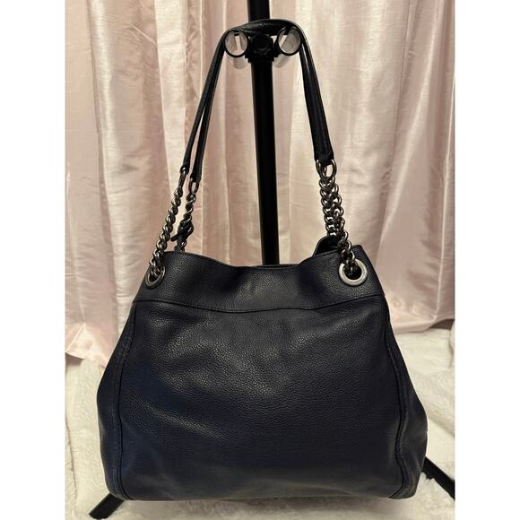 Coach Edie Chain Shoulder Bag Navy Pebbled Leather Turnlock Slouchy Tote - Picture 6 of 12